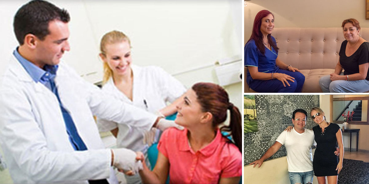 Mixed picture of a frontline worker enjoying her stay at visit with the dentist at Frontline Dental Costa Rica. Another picture of Estela Araya of the Costa Rica Medical Center Inn in San Jose, Costa Rica.sitting with a guest in the lobby.. The last picture is with a happy couple enjoying a sightseeing tour while staying at the Costa Rica Medical Center Inn and having dental work done with Frontline Dental CR in San Jose, Costa Rica.