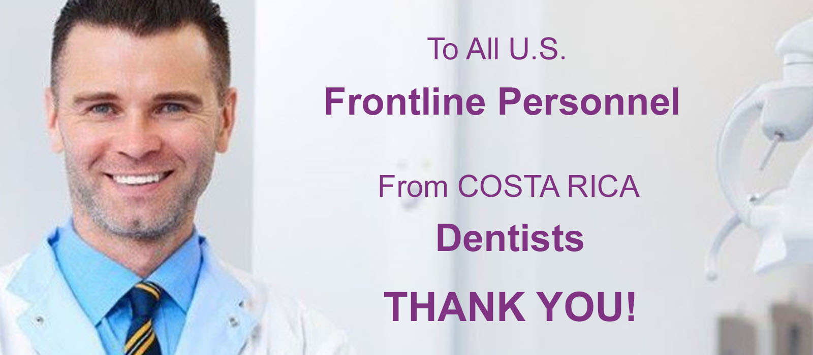 Picture of a smiling frontline dentist offering a large discounts on dental work by Frontline Dental CR in San Jose, Costa Rica.  The dentist is wearing a white dental uniform uniform and looking directly into the camera with a big smile.